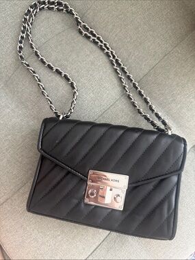 Michael Kors Black Quilted Leather Crossbody with Silver-Tone Chain
